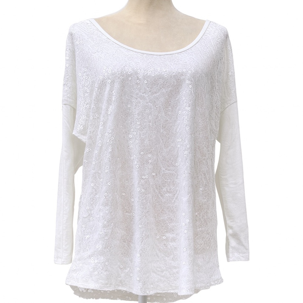Studio Y Women White Lace Sequin Blouse Scoop Neck Long Sleeve Boho Top Size XL